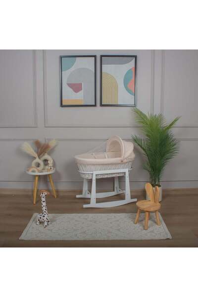 My Baby White rattan Moses basket bed with beige striped fabric cover and whi...