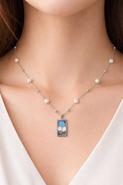 Bittox Women's Special Pearl Detailed Silver Color Chain Stone Rectangular Ne...