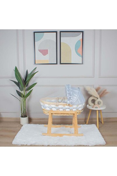 My Baby Wooden rattan Moses basket bed with sky-blue braided upholstery and w...