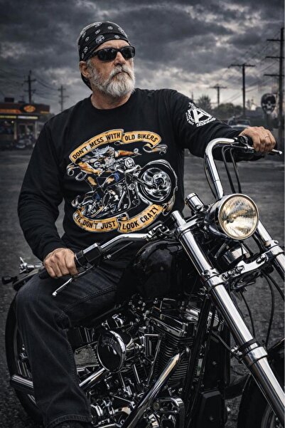 Aybaak Fit Classic Oldman Motorcycle Printed Long Sleeve T-Shirt