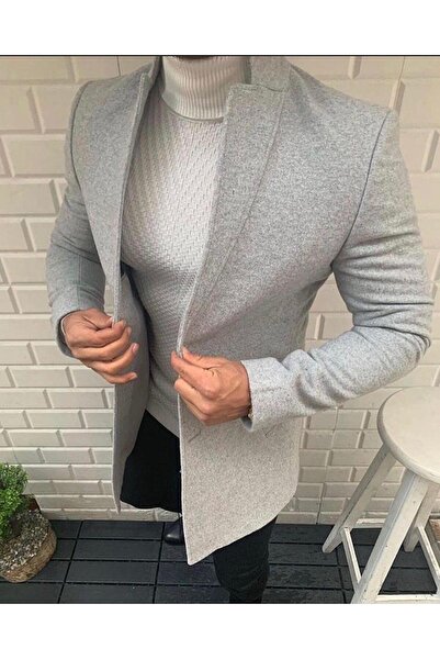 MODAMESTO Men's Gray Slim Fit Stand Collar Buttoned Cashmere Coat