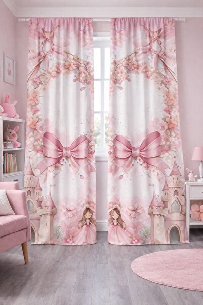 Bebişim Halı Kız Çocuk Odası Çift Kanatlı Fon Perde Şato Fiyonk Prenses Desenli