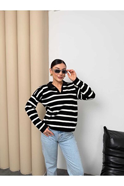 H&E LUXURY DESIGN Women's Polo Neck Striped Sweater