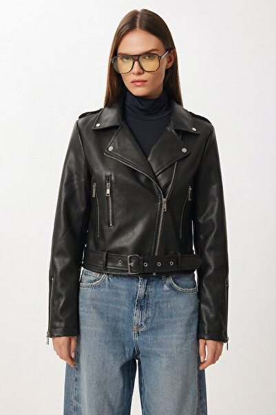 Lovelyİstanbul Belted Faux Leather Biker Jacket Lax0003 Black