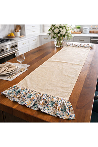 MEKİK BUTİK Ruffled Runner - Raw Linen Stylish Runner - 40X130