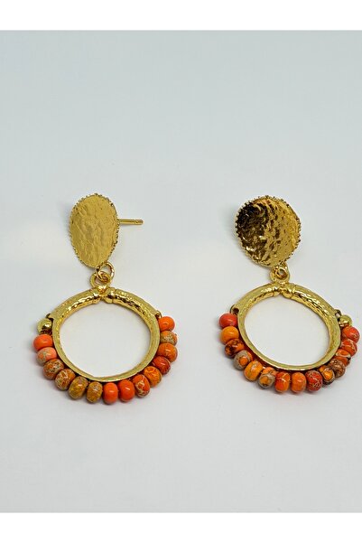 Tasarım Special Gold Plated Women's Hoop Earrings with Orange Natural Stone D...