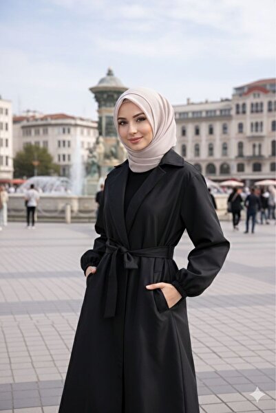 MontClup Kadın Siyah Balon Belden Bağlamalı Trençkot