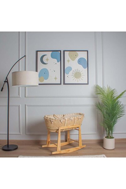 My Baby سرير سلة موسى قش بتلبيسة قماش اللنن بيج باطراف مكشكشة مع حامل هزاز ام...