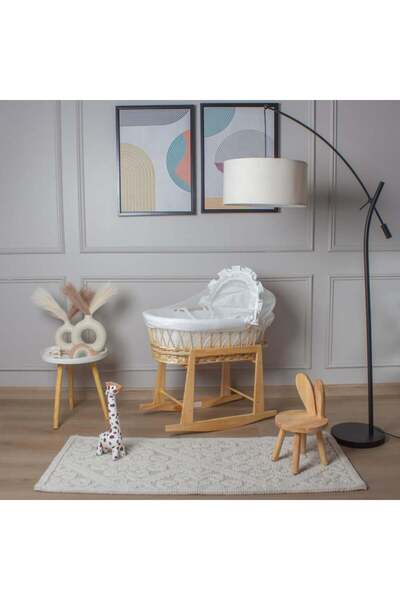 My Baby Wooden rattan Moses basket bed with off-white pomegranate seed fabric...