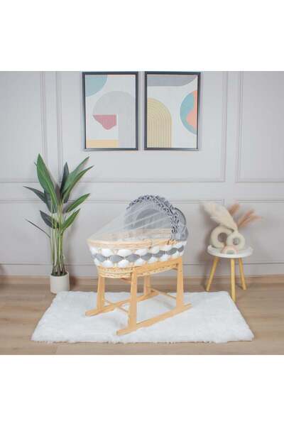 My Baby Wooden rattan Moses basket bed with grey braided upholstery and woode...