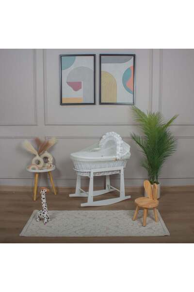 My Baby White rattan Moses basket bed with off-white Facebook fabric cover an...