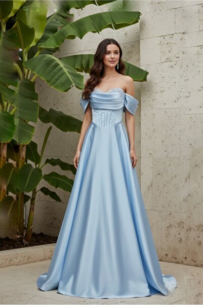 GenelTedarik KORSE DETAYLI DÖKÜMLÜ KOLLU TAŞ İŞLEMELİ GENİŞ ETEKLİ ABİYE ELBİSE