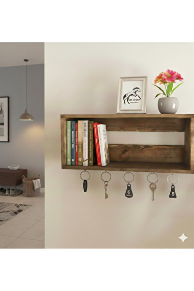 Krb Ahsap Kahverengi Ahşap Duvar Rafı ve Anahtarlık Askısı