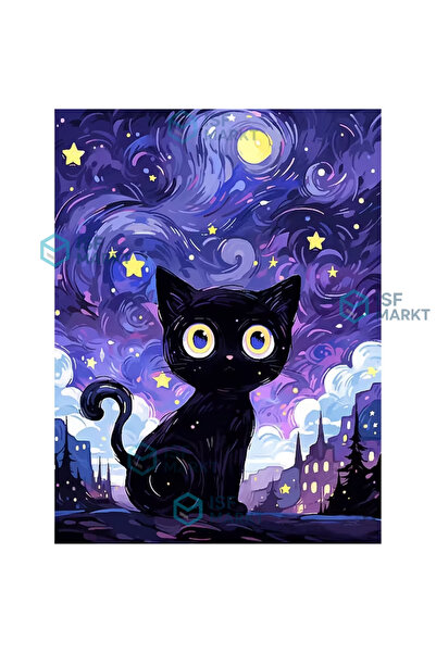 ISF MARKT 5D DIY Elmas Boyama Seti - Mor Gece Gök Altında Siyah Kedi 30x40 cm...