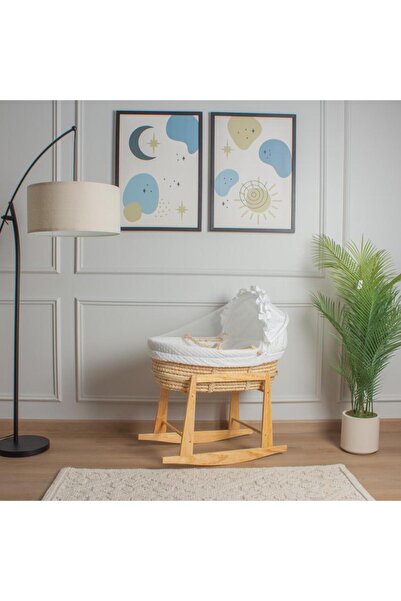 My Baby سرير سلة موسى قش بتلبيسة قماش حبوب الرمان اوف وايت مع حامل هزاز امامي...