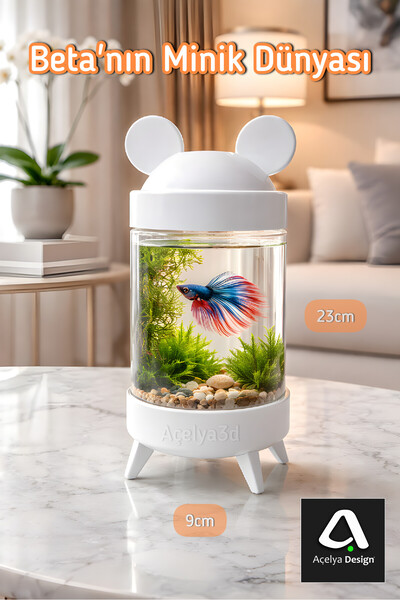 açelya3d Beta Mini Cam Akvaryum Betta Fanus Mickey Mause Şık 3d Tasarım Beyaz...