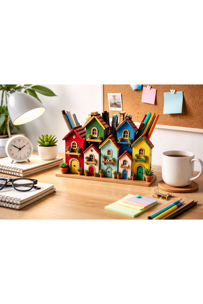 TuraLazerKesim Ahşap Renkli Mini Evler Masaüstü Kalemlik Kalem Kutusu Ve Orga...