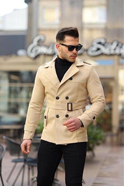 MODAMESTO Men's Beige Slim Fit Belted Double-Breasted Cashmere Coat