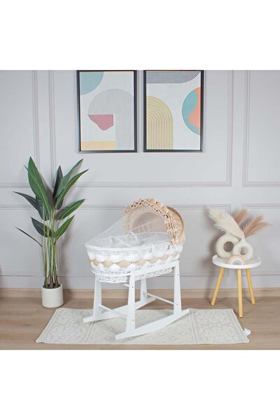 My Baby سرير سلة موسى خيزران ابيض بتلبيسة ضفيرة بيج مع حامل هزاز امامي ابيض