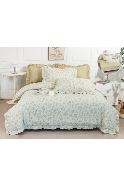 Truva Grup Fine Cotton Bed Linen with Ruffles - 6 Pieces, Fitted Sheet, 180x2...