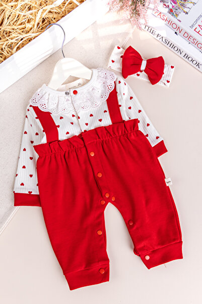 Babymod Heart Patterned Scallop Collar Bandana Baby Girl Jumpsuit Set