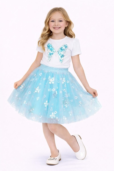 Nacar 23 Nisan 29 Ekim Gösteri Kıyafeti Kız Çocuk Payetli Kelebek Baskılı Mav...