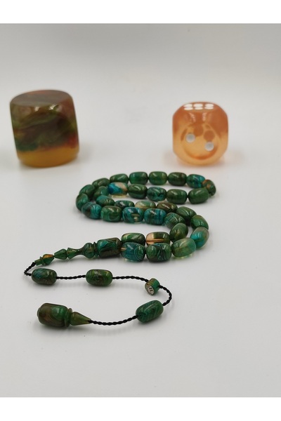 ALTUNTAŞ Artisanally Crafted Green Hareli Amber Praying Beads 8 * 12 mm with ...