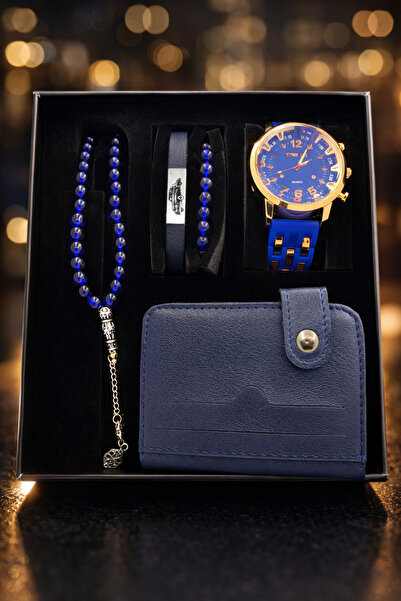 TEKMAKG Erkek Saat Seti Mavi Kadran | Cüzdan Kartlık + Bileklik + Tesbih Hedi...