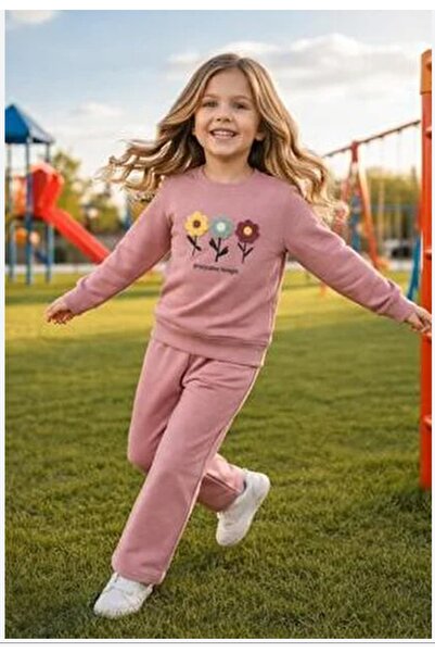 ÖZNUR Kız Çocuk Pudra Pembe Çiçek Nakışlı Eşofman Takımı