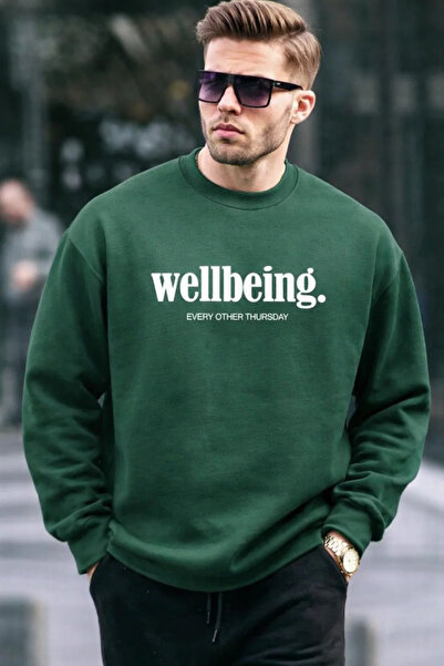 COMBİNE MİCHAİL Ανδρικό φούτερ με στάμπα Wellbeing σε σκούρο πράσινο χρώμα