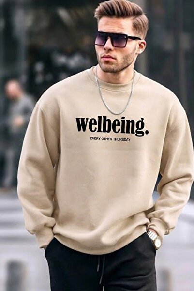 COMBİNE MİCHAİL Ανδρικό φούτερ με στάμπα Wellbeing σε κρεμ απόχρωση