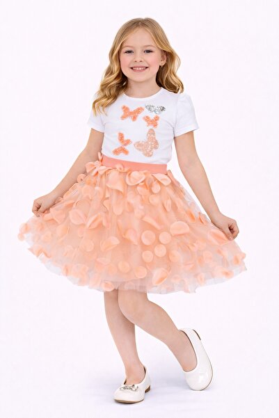 Nacar 23 Nisan 29 Ekim Gösteri Kıyafeti Kız Çocuk Kelebek Detaylı Şeftali Ren...