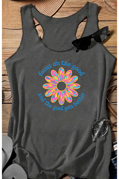 SUNFREE تيشيرت نسائي من القطن برقبة على شكل حرف U مطبوع عليه FOCUS GOOD