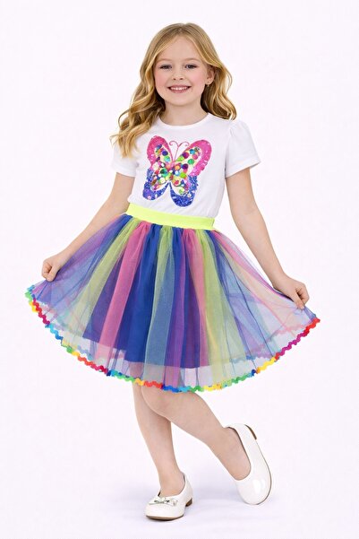 Nacar 23 Nisan 29 Ekim Gösteri Kıyafeti Kız Çocuk Renkli Kelebek Baskılı Gökk...