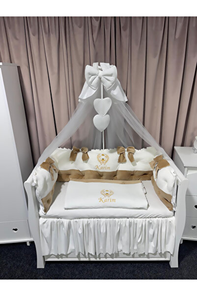 PeppiBambini Lenjerie de patut personalizata 7 piese ROYAL Catifea White Beige -