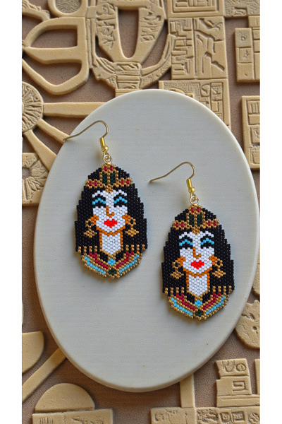 SEARD أقراط مصنوعة يدويًا من خرز ميوكي على شكل كليوباترا الفرعونية المصرية 2