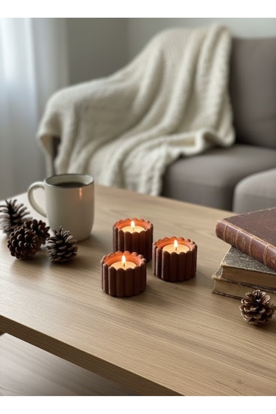 Helis Craft Rustik Ahşap Kütük Görünümlü 3'lü Dekoratif Tealight Mumluk - Boh...