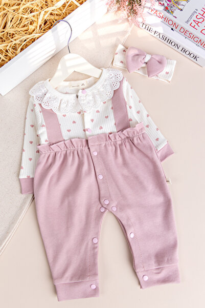 Babymod Heart Patterned Scallop Collar Bandana Baby Girl Jumpsuit Set