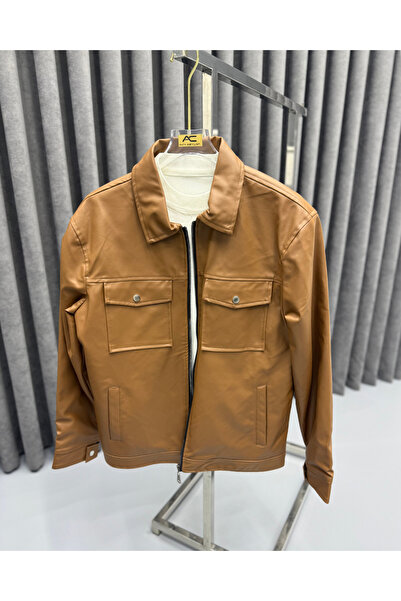 Avni Ceylan Men's Brown Zippered Leather Jacket with Snap Fasteners