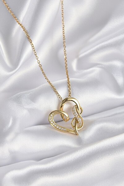 Jadem Gold 316l steel gold color chain zircon stone detailed heart model infi...