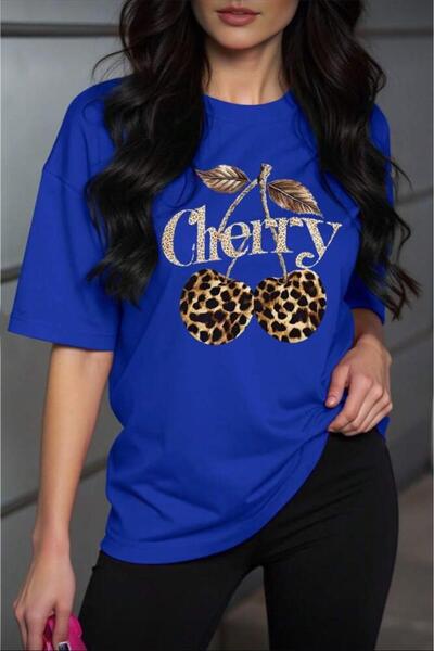 Oksit Tricou din bumbac pentru femei Gold Cherry, supradimensionat, cu imprim...