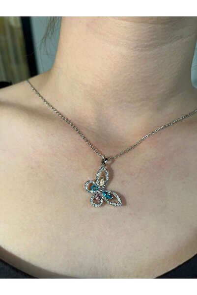 uyguntakıaksesuar Silver Color Chain Butterfly Figured Stone Detailed Women's...