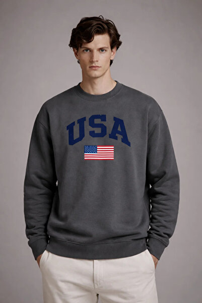 COMBİNE MİCHAİL Ανδρικό φούτερ με στάμπα America, φαρδύ και αναπνεύσιμο