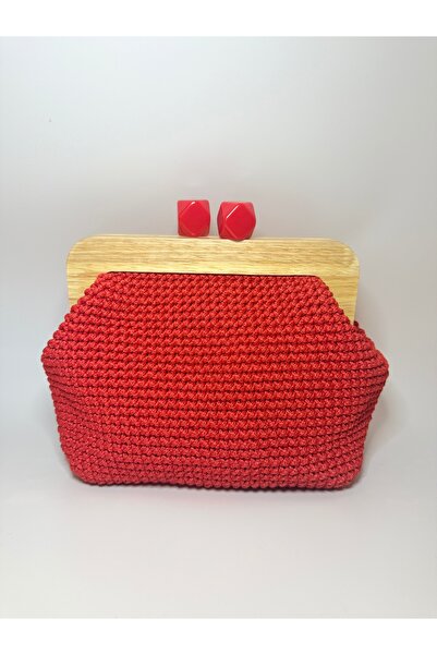 DISENOOBAG Ahşap Burslu Kırmızı Örgü Clutch Çanta