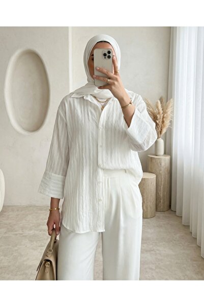 Modamorfo Stripe Pattern Oval Cut Crinkle Shirt -White