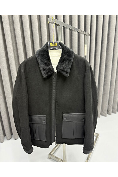 Avni Ceylan Men's Premium Fur Collared Leather Detailed Jacket with Pockets