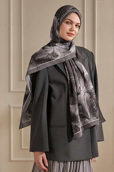 SilkTouch Gri Soft Bloom Desenli Müslin Şal
