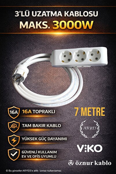 Aryes 3’lü 7 Metre Uzatma Kablosu 3x2,5 TTR Tam Bakır Kalın Kablo 3000W Güven...