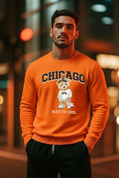 COMBİNE MİCHAİL Men's Teddy Bear Print Casual Orange Sweatshirt