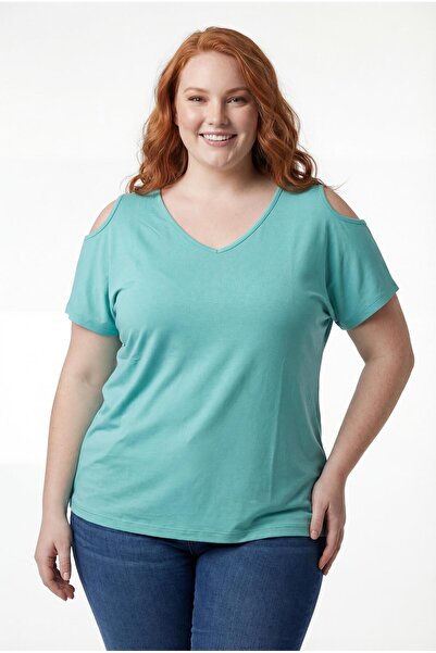 Ebsumu Women's Plus Size Off-The-Shoulder V-Neck Viscose Mint T-Shirt – Front...